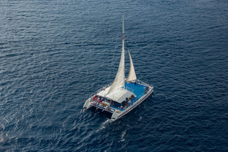 Katamaran mit Segeln auf offenem Meer.jpg
