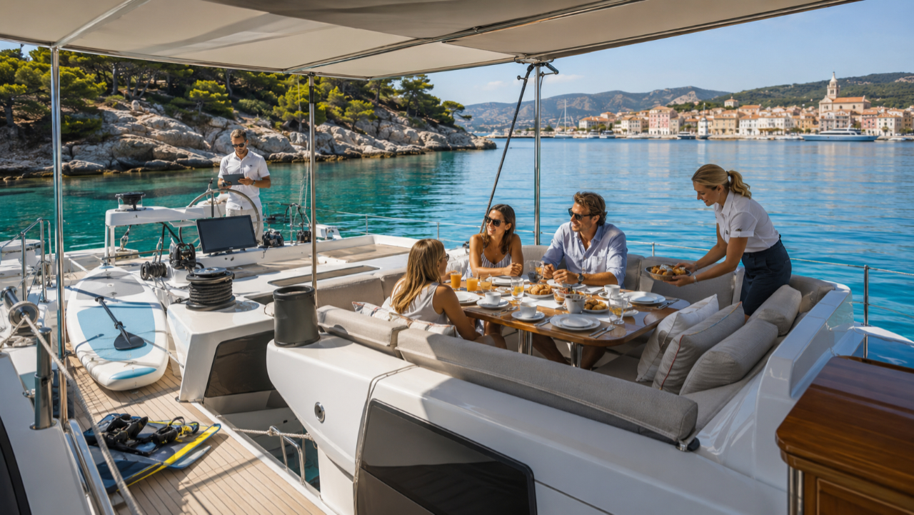Private crewed yacht charter in the Mediterranean with guests enjoying breakfast and quiet time onboard while the crew provides discreet service and manages the day&rsquo;s route.