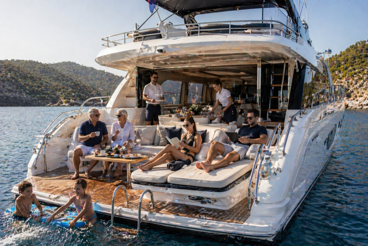 Family, couple, and friends enjoying a crewed yacht charter in turquoise Mediterranean waters with professional crew onboard.