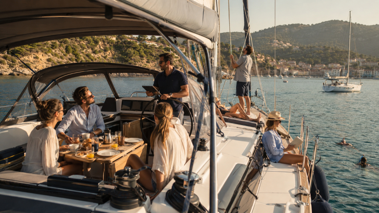Experienced skipper navigating a sailing yacht between island anchorages