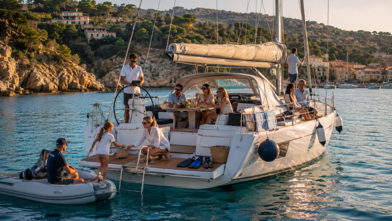 Skippered sailing yacht anchored in a calm Mediterranean bay with families, couples, and friends relaxing onboard, preparing for a dinghy ride, and enjoying the water.